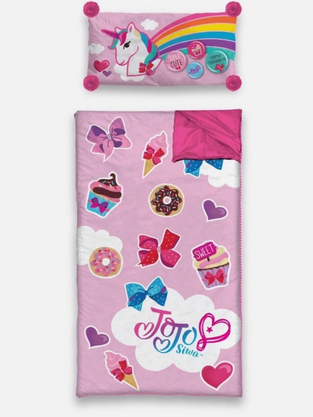 JoJo Siwa Pink Unicorn & Sweets Kids Sleeping Bag with Rainbow Accents